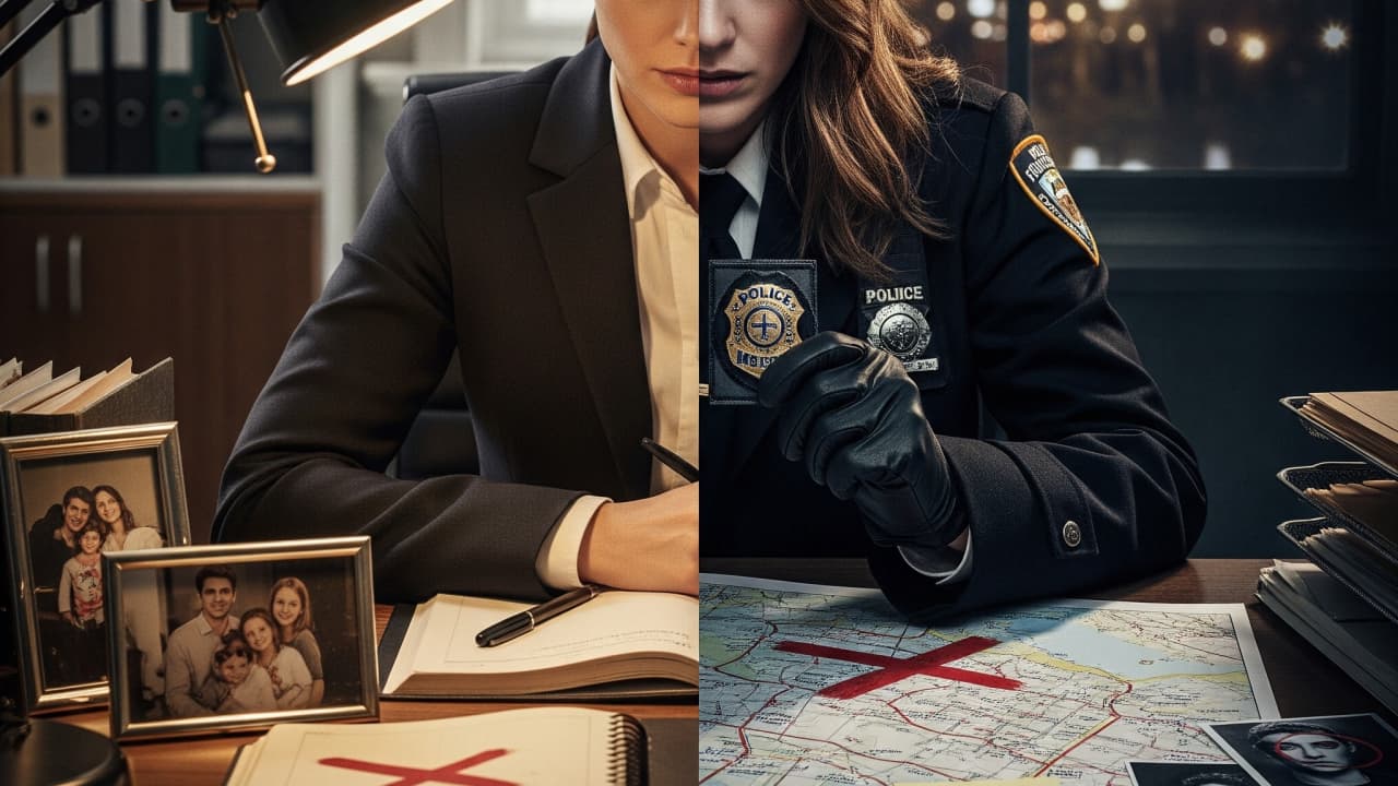 A split image of a woman. On the left is her in a suit and in her desk has a picture  of her family when she was a child. O her right is her as a cop with maps and plans scattered all over her desk. 