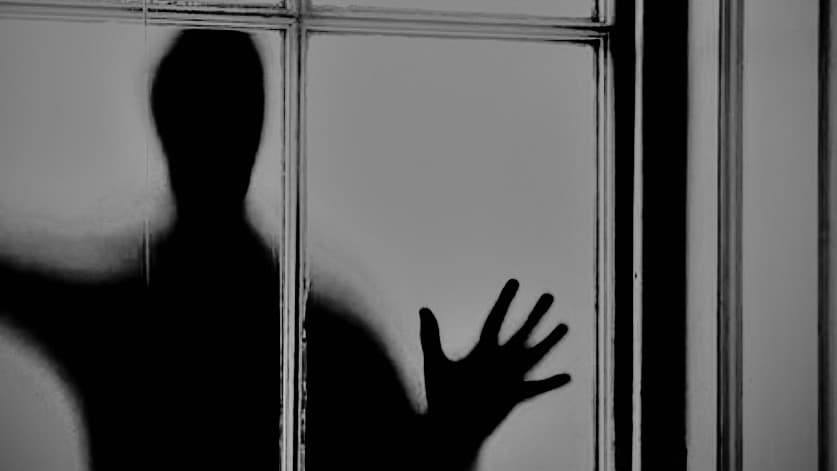 A dark and shadowy figure is peering inside of a window 