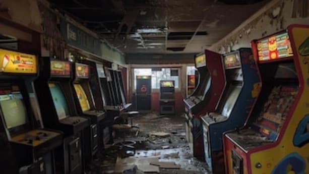 This picture is of a hallway of a seemingly abandoned arcade.