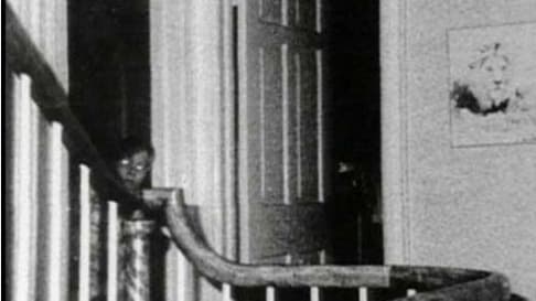 A boy at the edge of the staircase. He appears ghost like with white eye sockets glistening rather than an iris.
